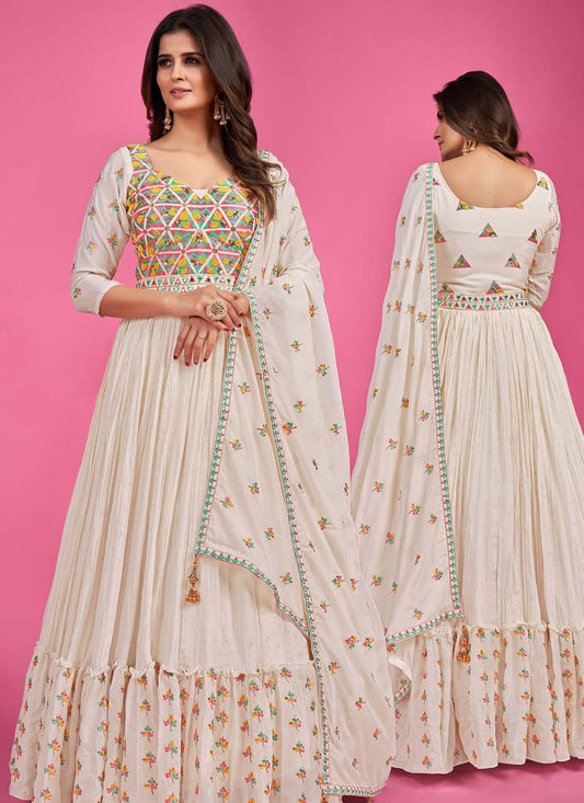 White Chinon Silk Anarkali Suit with Mirror & Thread Work