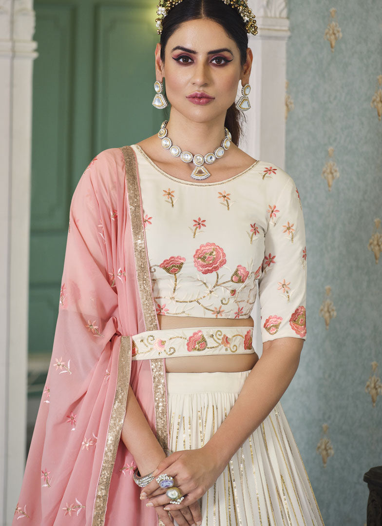 Off-White Georgette Lehenga Choli With Embroidered, Thread and Sequins Work-2
