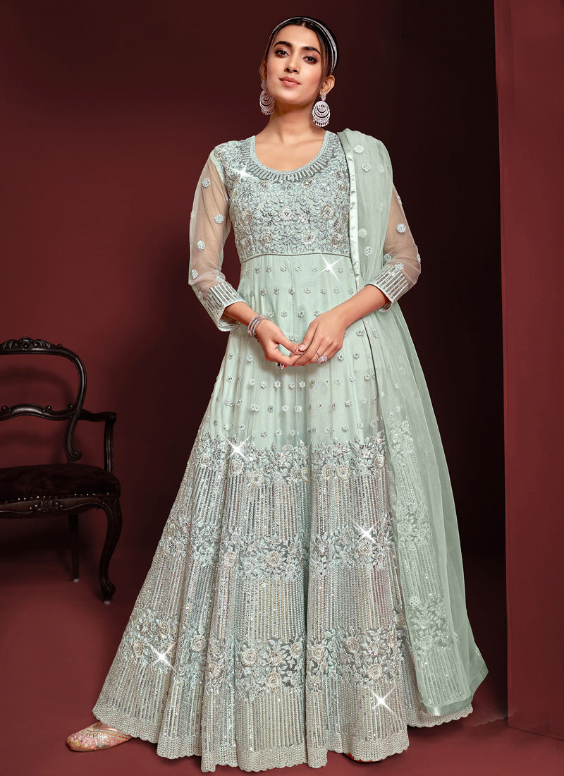 Aqua Embroidered Anarkali Suit-2