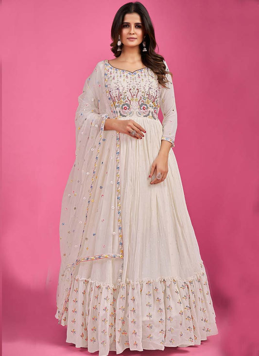 White Georgette Anarkali Suit with Mirror & Thread Work