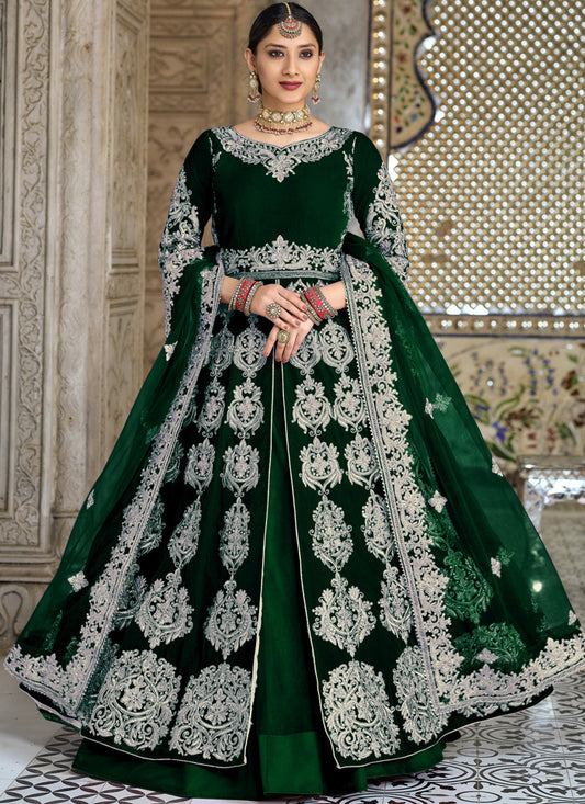 Dark Green Velvet Abaya Style Center Silt Anarkali Suit with Heavy Embroidery Work