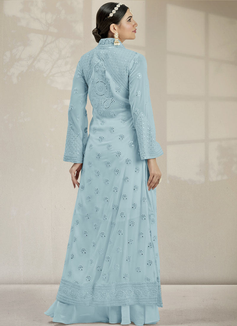 Sky Blue Georgette Jacket Style Palazzo Suit With Real Mirror Work Embroidery-2