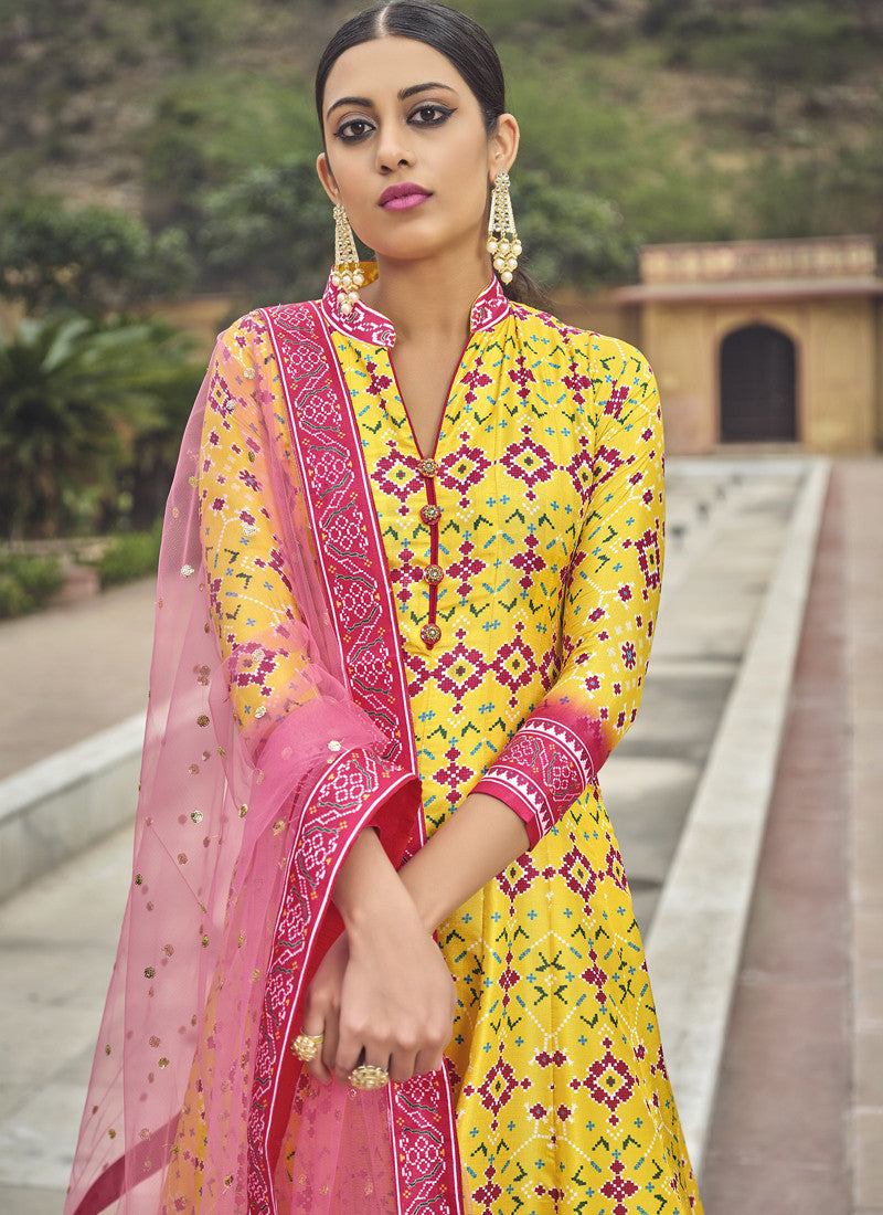 Yellow Silk Patola Printed Anarkali Gown-2