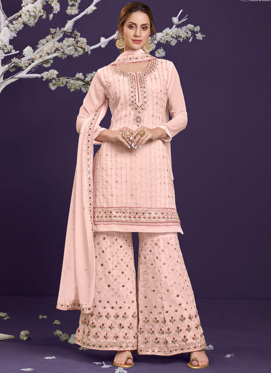 Peach Embordered Sharara Suit