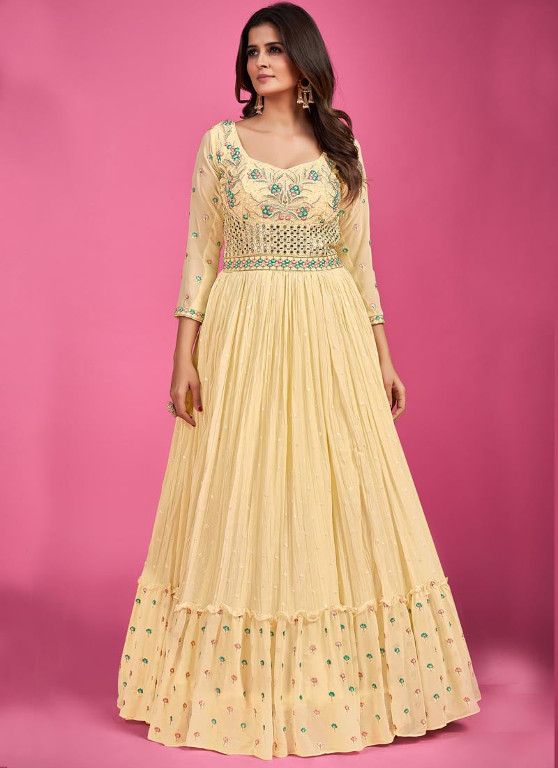 Yellow Georgette Anarkali Suit with Mirror & Thread Work