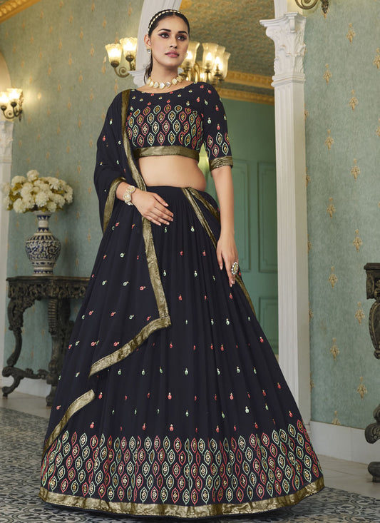 Black Georgette Lehenga Choli With Embroidered, Thread and Sequins Work