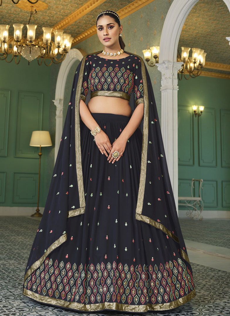 Black Georgette Lehenga Choli With Embroidered, Thread and Sequins Work-2