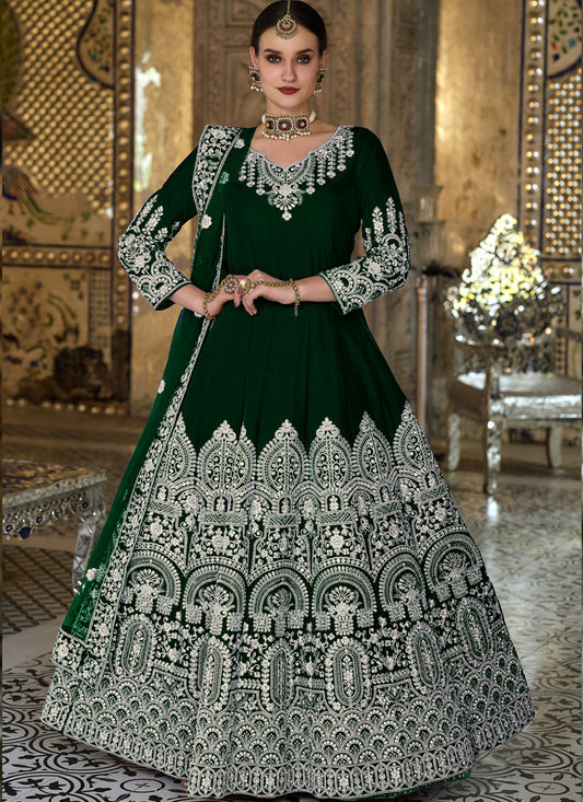 Dark Green Velvet Abaya Style with Heavy Embroidery Work
