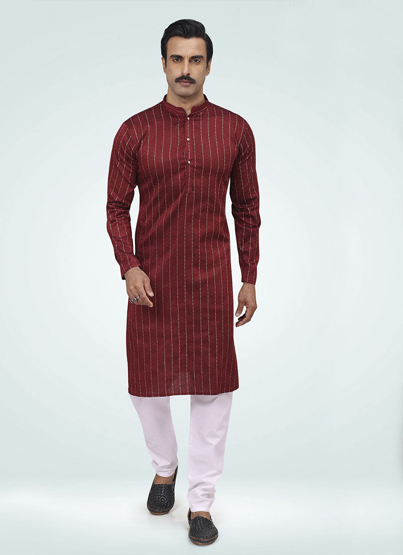 Maroon Silk Collar Style Kurta Pajama with Bottom