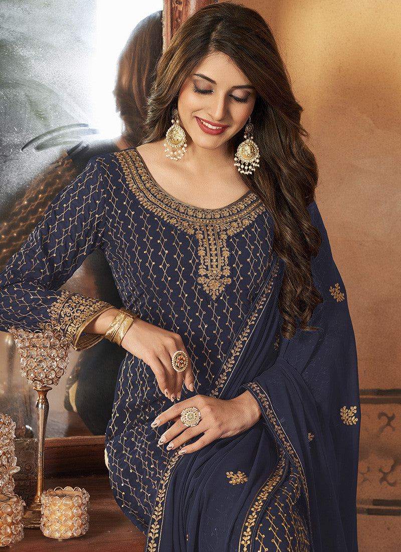 Navy Blue Georgette Straight Cut Long Salwar Suit-2