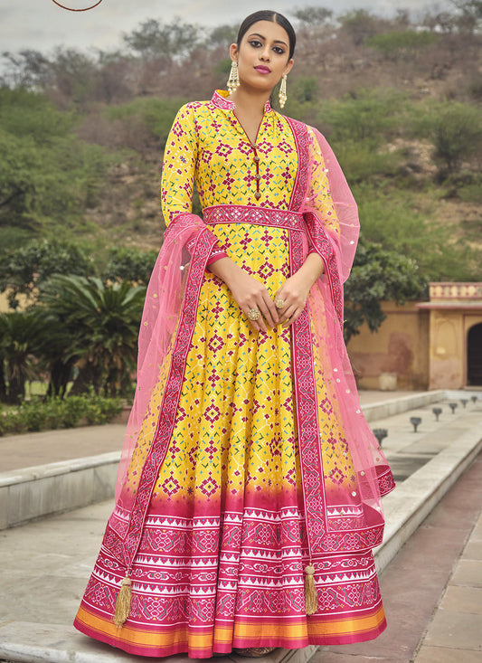 Yellow Silk Patola Printed Anarkali Gown