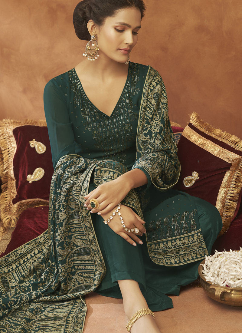 Green Georgette Wide Palazzo Suit-2
