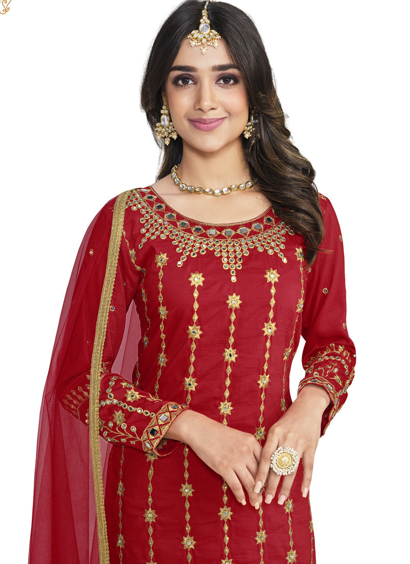 Red Soft Silk Pant Style Salwar Suit With Mirror Work-2