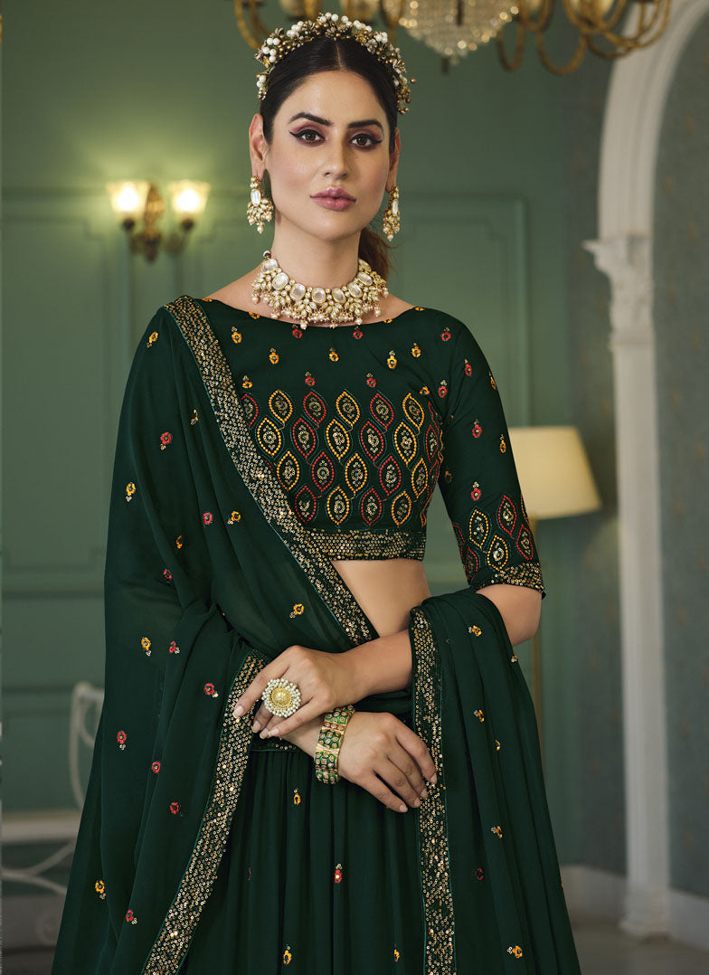 Green Georgette Lehenga Choli With Embroidered, Thread and Sequins Work-2