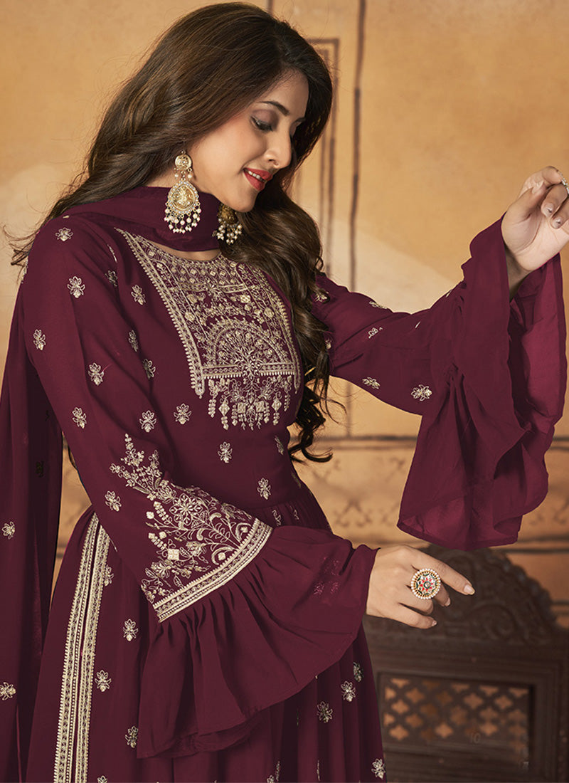 Wine Georgette Sharara Suit With Frill Sleeves-2