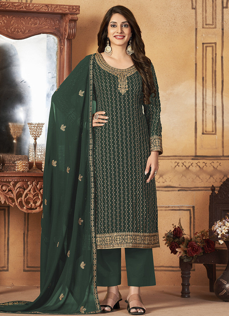 Green Georgette Straight Cut Long Salwar Suit