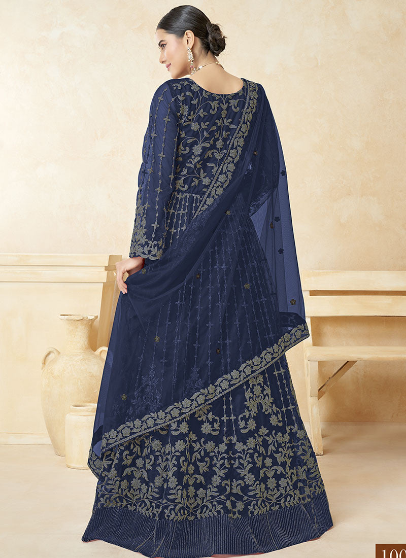 Blue Embordered Anarkali Suit With Bell Sleeves-2