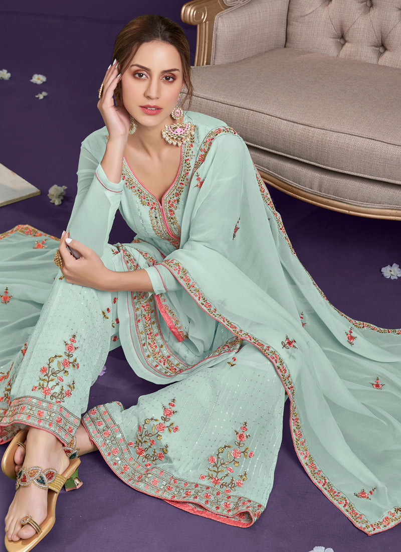 Aqua Embordered Sharara Suit-2