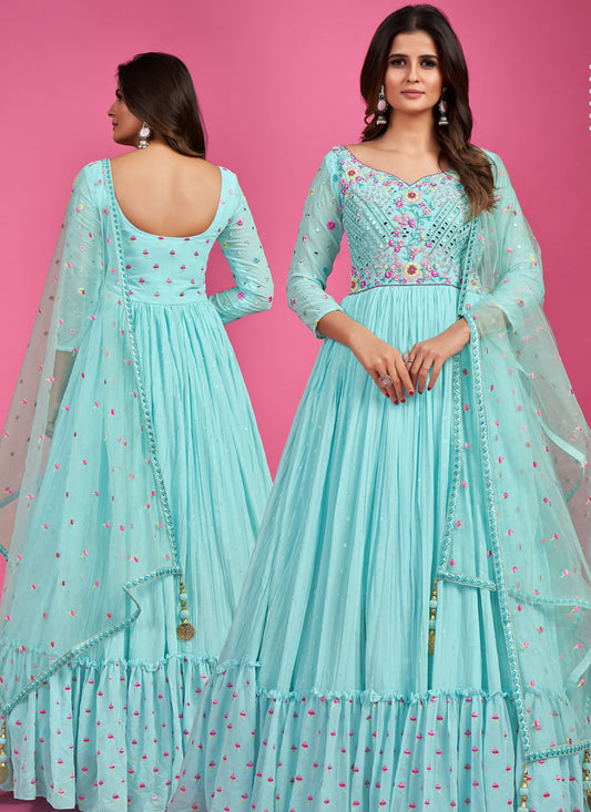 Sky Blue Chinon Silk Anarkali Suit with Mirror & Thread Work