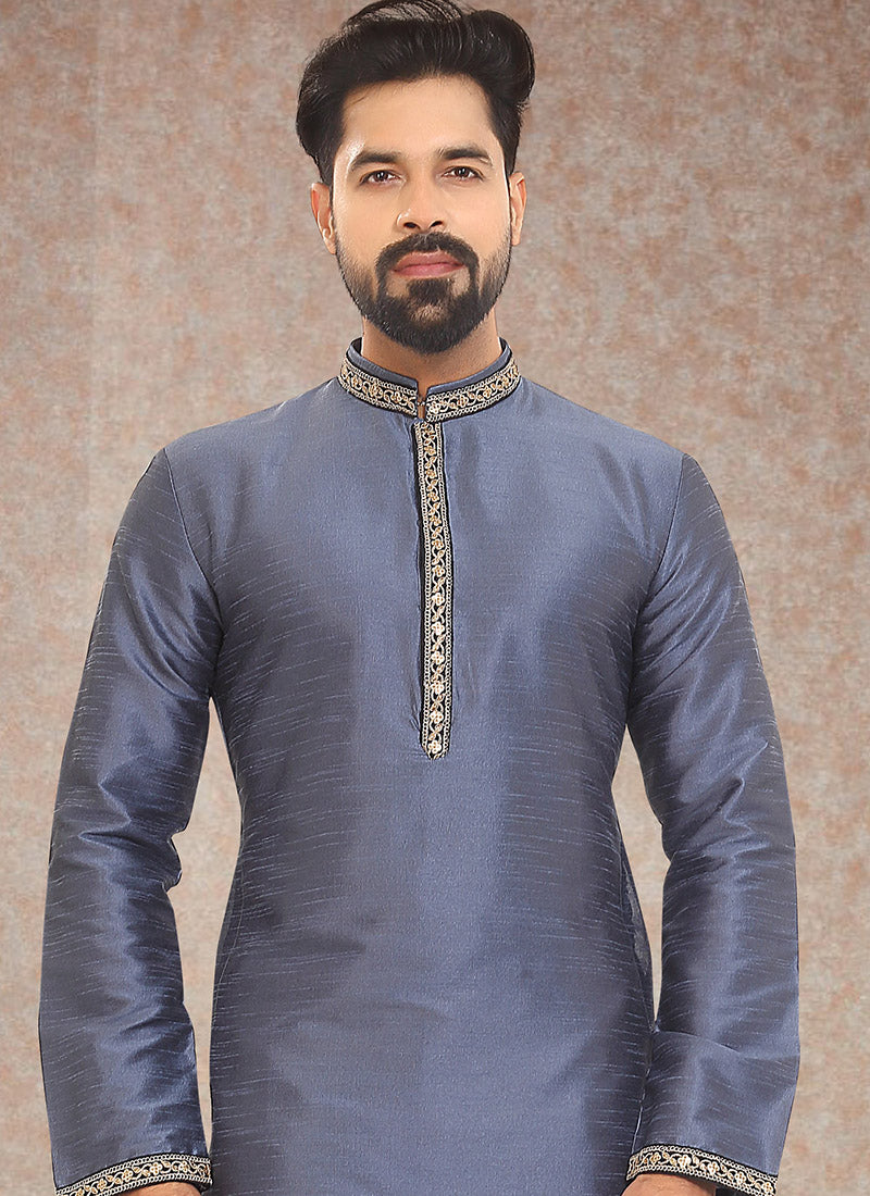 Gray Dupion Silk Men's Kurta Pajama