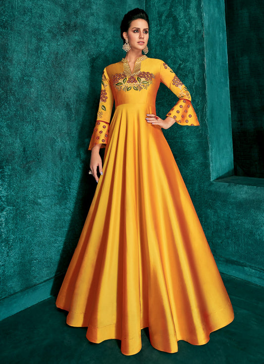 Yellow Silk Indo Western Gown