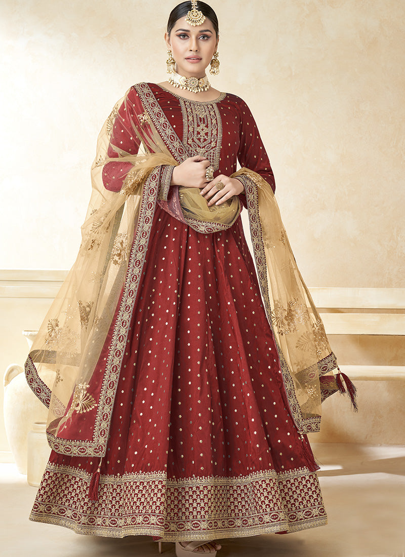 Maroon Taffeta Silk Anarkali Suit