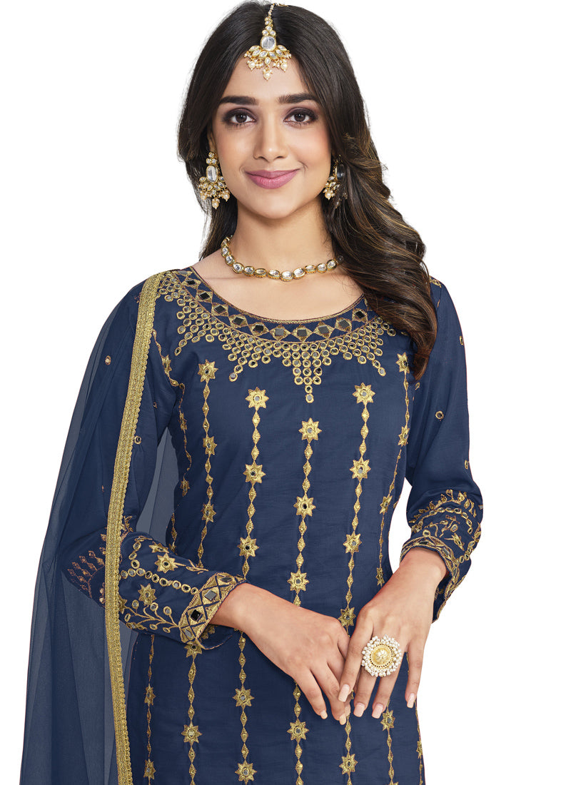 Navy Blue Soft Silk Pant Style Salwar Suit With Mirror Work-2