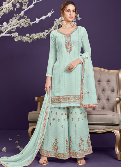 Aqua Embordered Sharara Suit