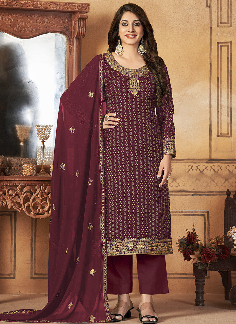 Maroon Georgette Straight Cut Long Salwar Suit-2