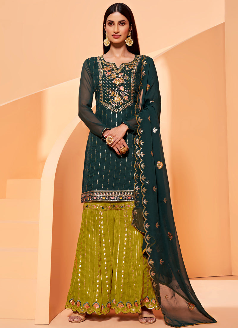 Green Sharara Suit with Thread & Sequins Embroidery