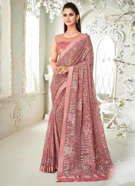 Peach Georgette Party Wear Saree With Sequins Work