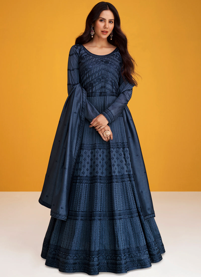 Navy Blue Readymade Silk Anarkali Suit