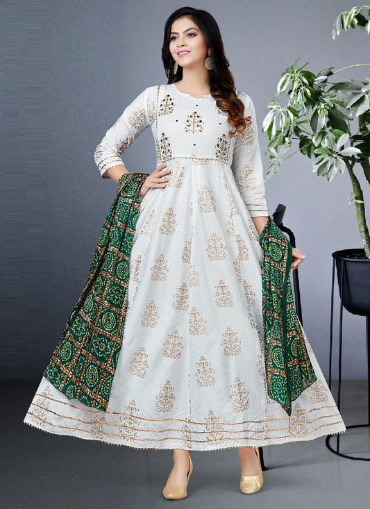 White Chinon Bandhani Print Anarkali Gown