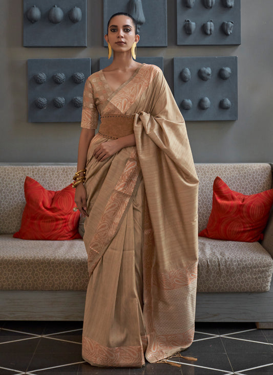 Golden Brown Tussar Silk Handloom Saree