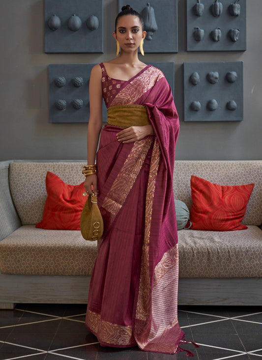 Pink Tussar Silk Handloom Saree