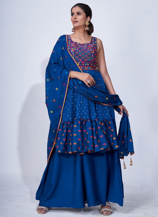 Blue Palazzo Suit with Embroidered Peplum Top