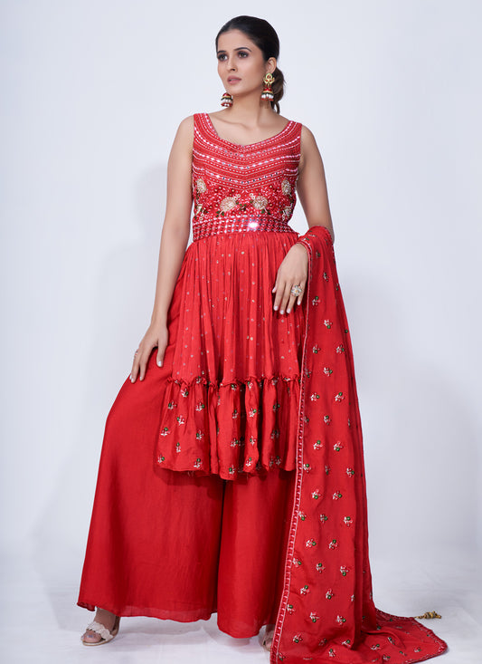 Red Palazzo Suit with Embroidered Peplum Top