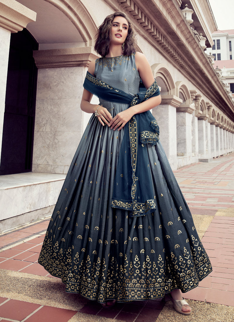 Blue Chinon Anarkali Gown with Embroidered and Thread Work