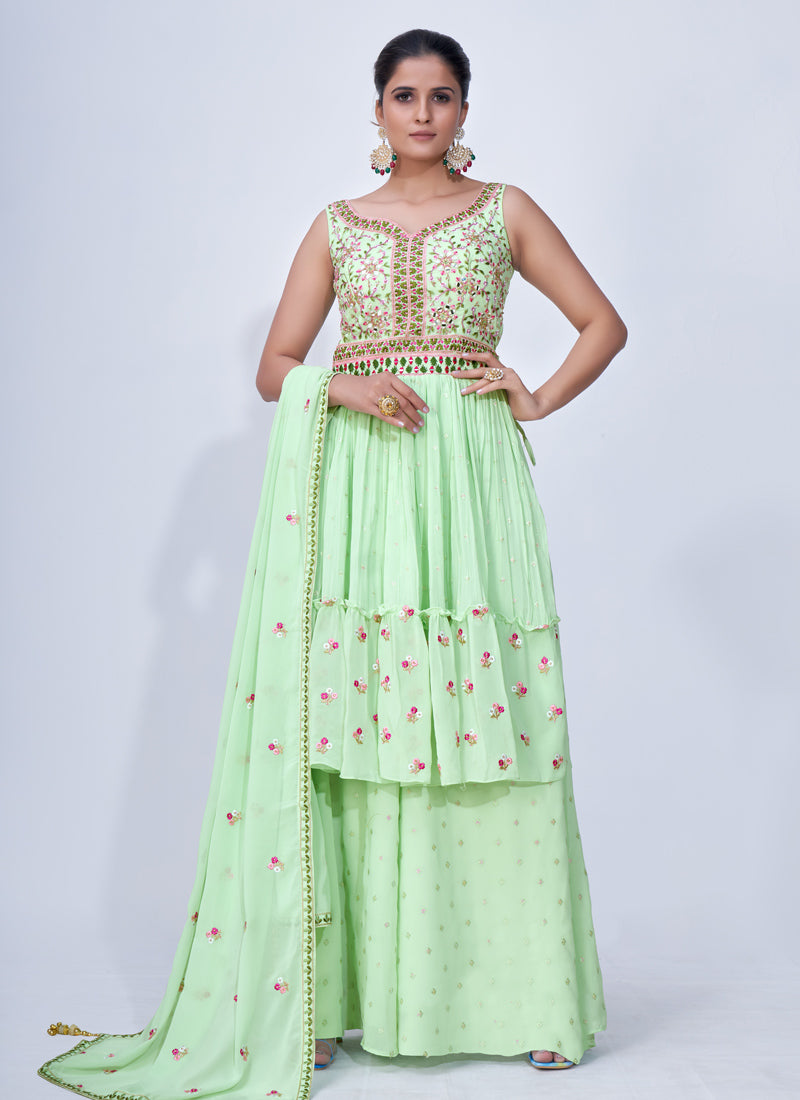 Pista Green Palazzo Suit with Embroidered Peplum Top