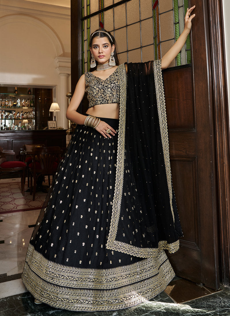 Black Art Silk Circular Lehenga Choli