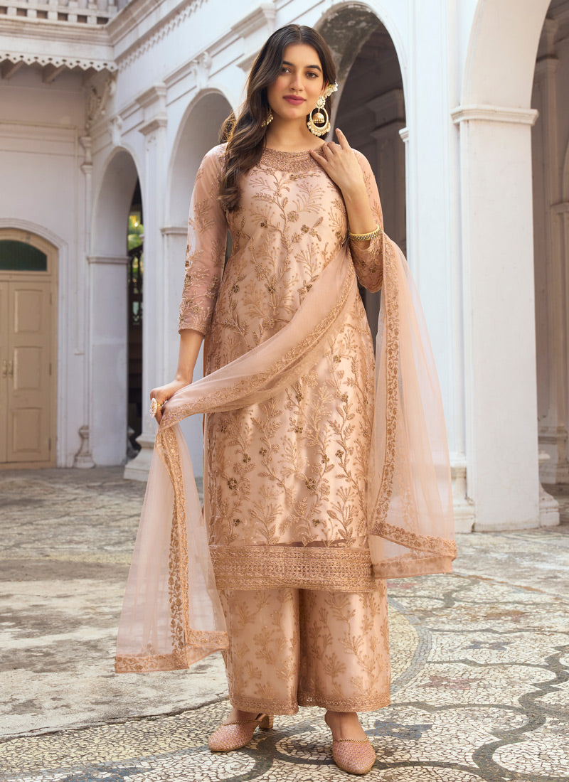 Peach Pakistani Jacket Style Palazzo Suit