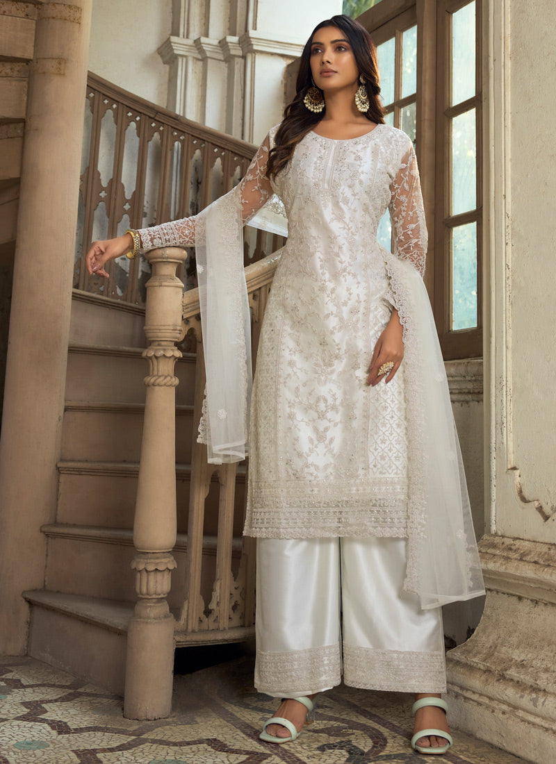 White Pakistani Jacket Style Palazzo Suit