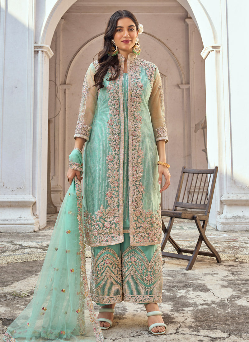 Aqua Pakistani Jacket Style Palazzo Suit