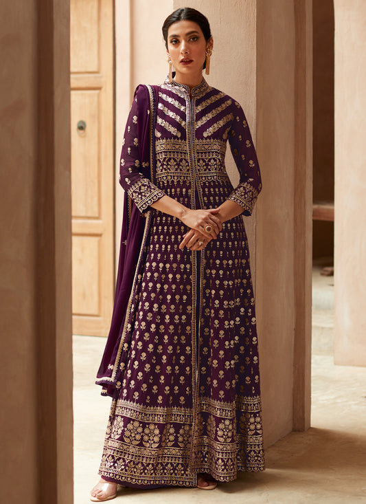 Purple Georgette Center Slit Anarkali Suit