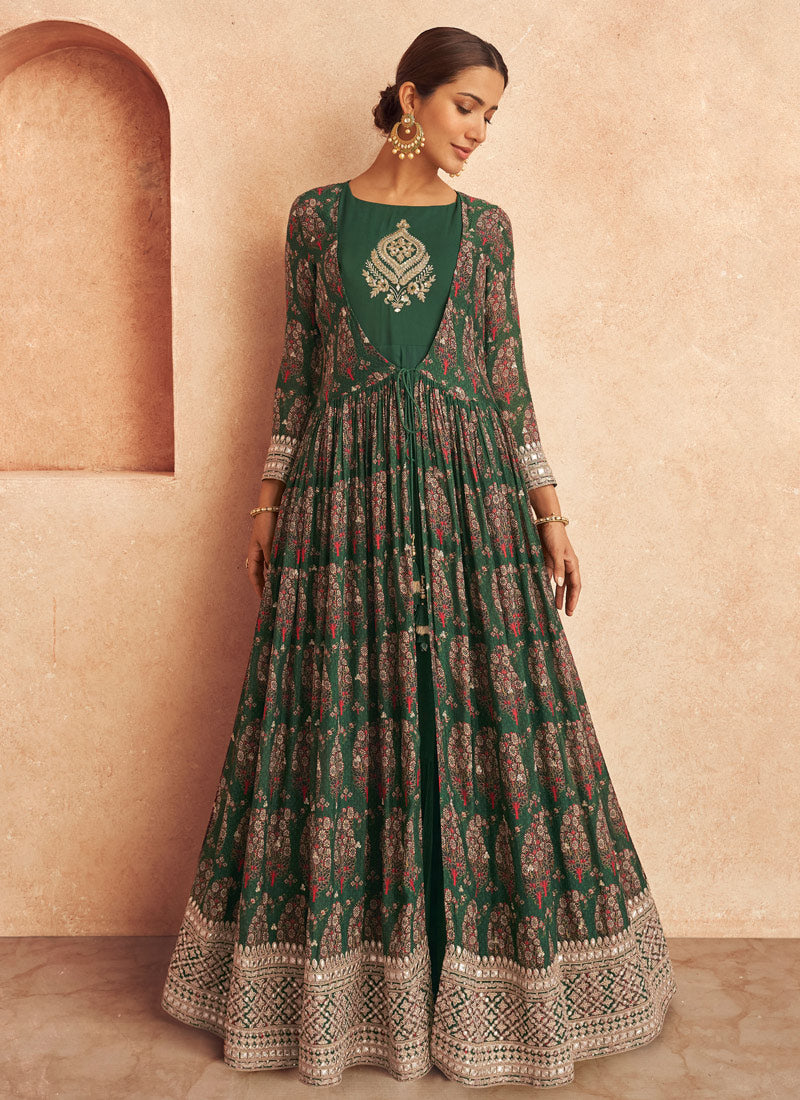 Green Embroidered Jacket Style Anarkali Suit