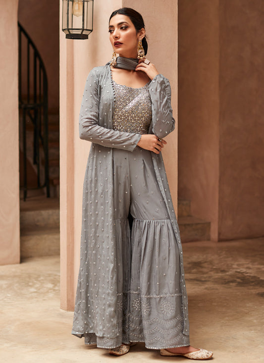 Gray Designer Sharara Suit with Jacket