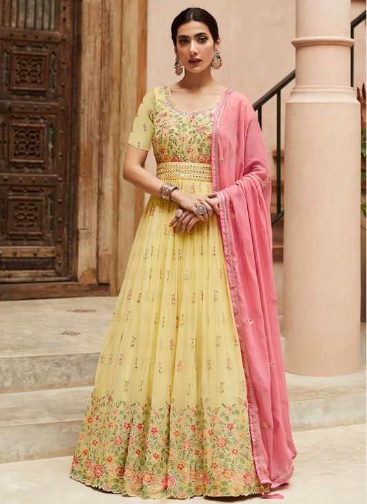 Yellow Embroidered Georgette Anarkali Suit