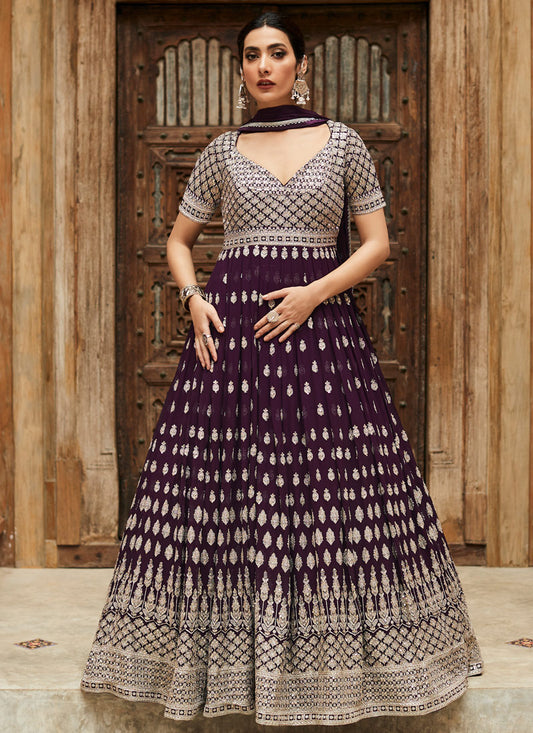 Purple Embroidered Georgette Anarkali Suit