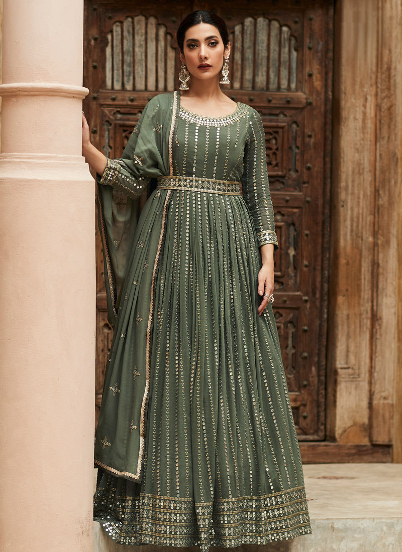 Green Embroidered Georgette Anarkali Suit