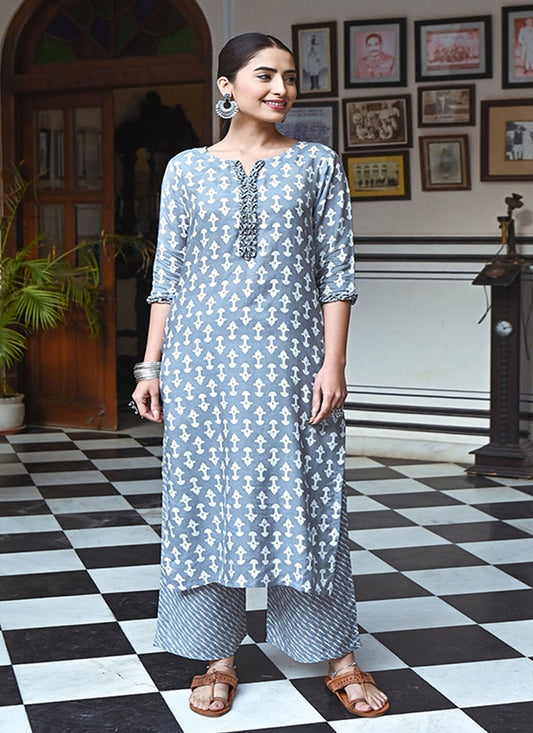 Sky Blue Muslin Kurti with Palazzo Pant